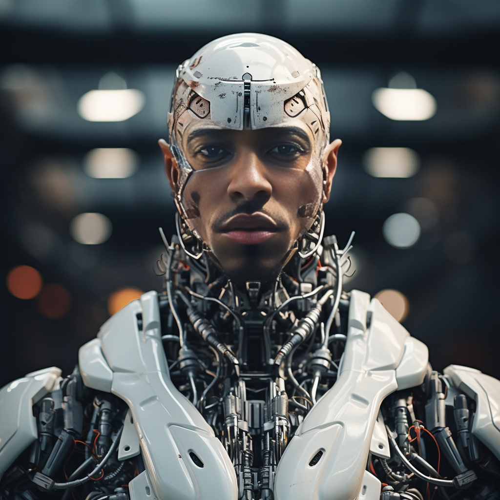Chrome-plated android with a human face, mid-rebuild, representing the DJacksonOnline platform.